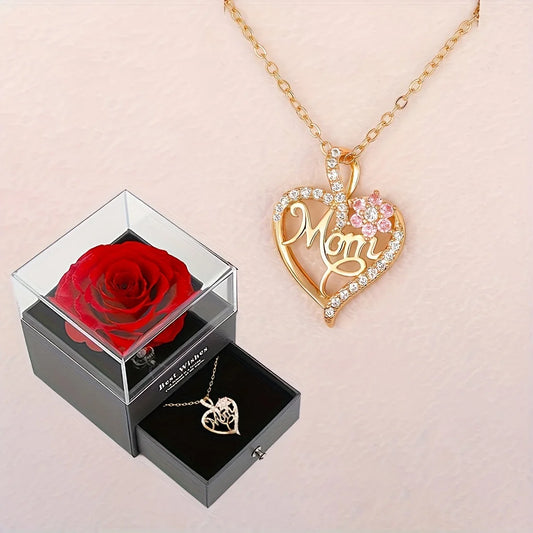 Boîte-cadeau avec rose éternelle et collier élégant pour mamans