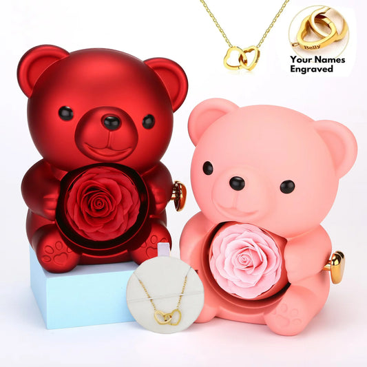 Ours en peluche magnifique avec roses éternelles et collier en or et argent personnalisé