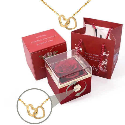 Boîte de roses éternelles avec collier cœur en or 18K et argent personnalisé