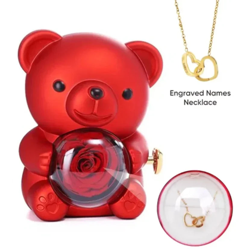 Ours en peluche magnifique avec roses éternelles et collier en or et argent personnalisé