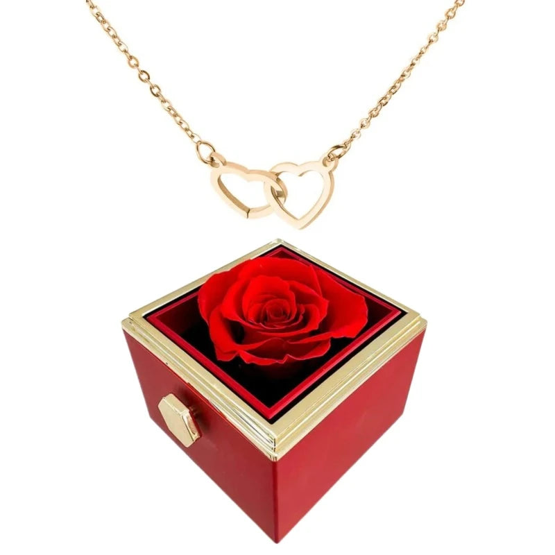 Boîte de roses éternelles avec collier cœur en or 18K et argent personnalisé