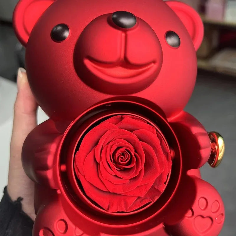 Ours en peluche magnifique avec roses éternelles et collier en or et argent personnalisé