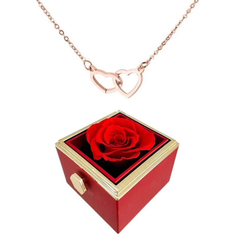 Boîte de roses éternelles avec collier cœur en or 18K et argent personnalisé