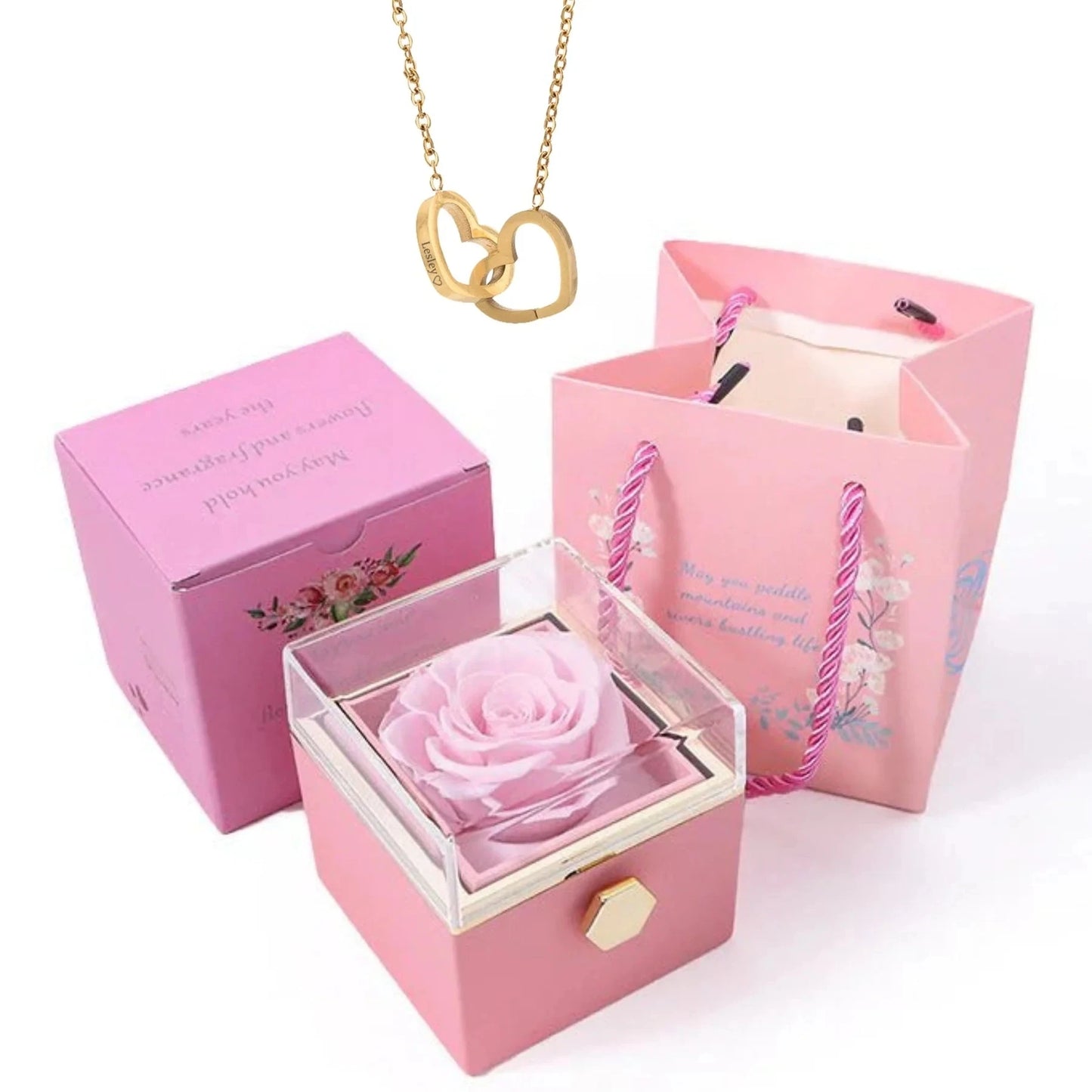 Boîte de roses éternelles avec collier cœur en or 18K et argent personnalisé