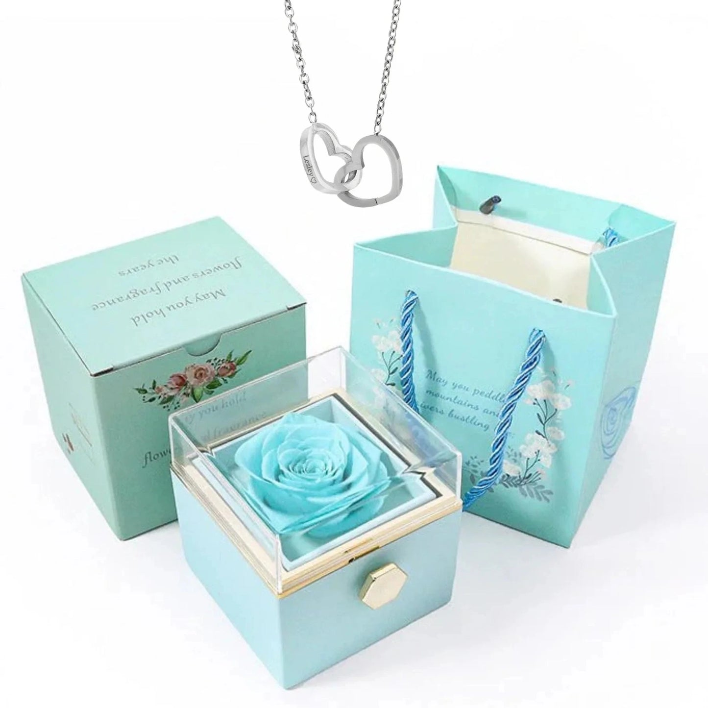 Boîte de roses éternelles avec collier cœur en or 18K et argent personnalisé