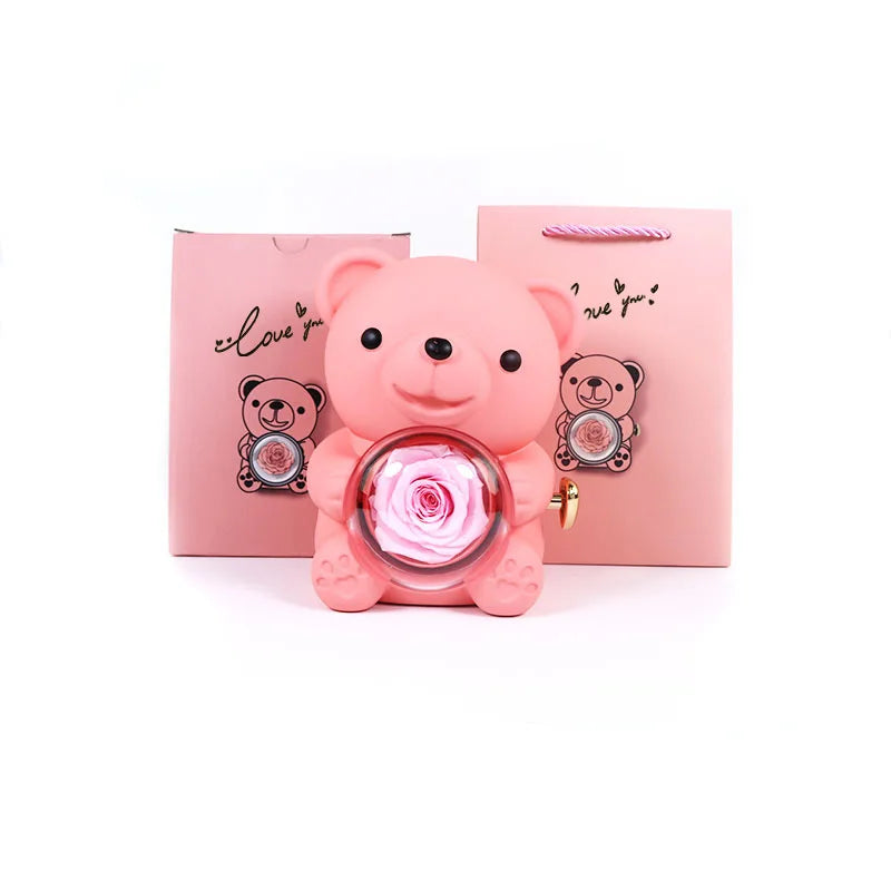 Ours en peluche magnifique avec roses éternelles et collier en or et argent personnalisé