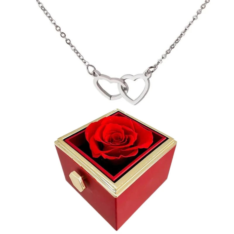 Boîte de roses éternelles avec collier cœur en or 18K et argent personnalisé