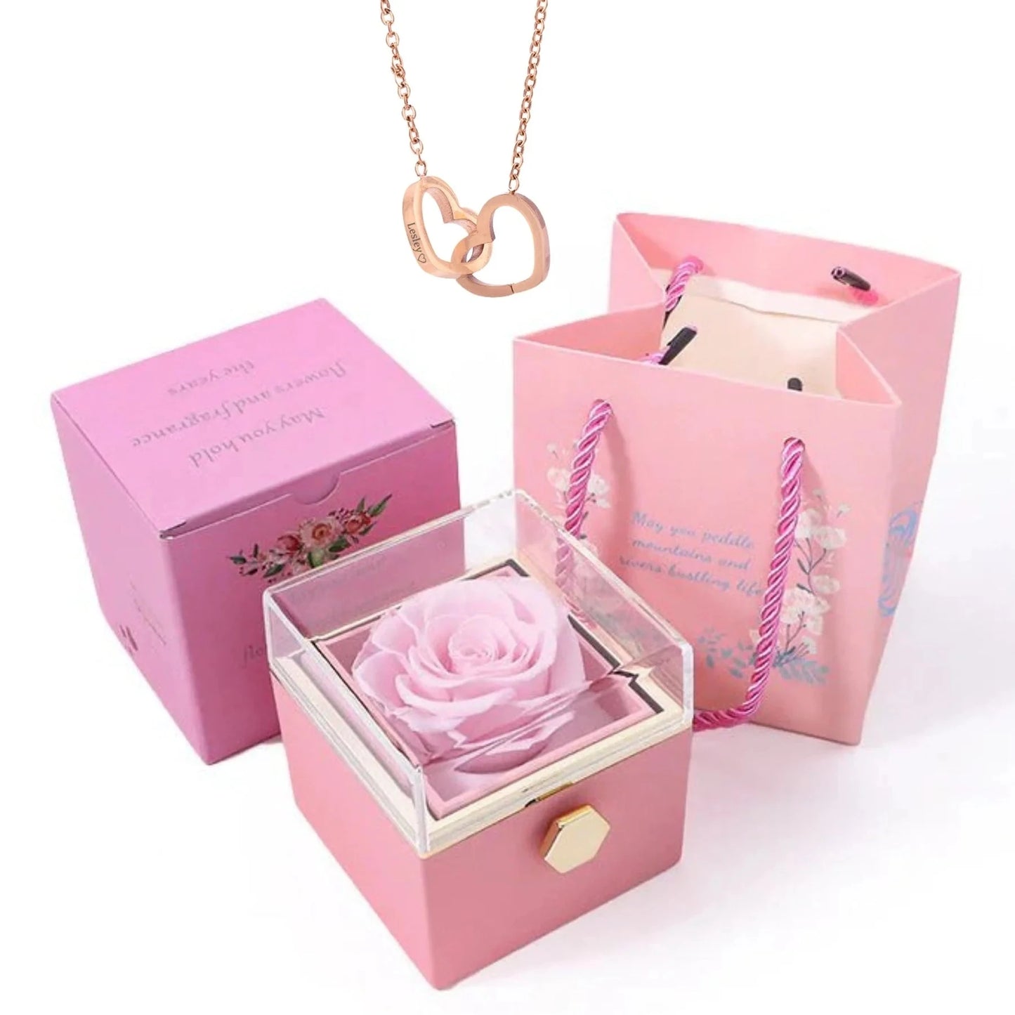 Boîte de roses éternelles avec collier cœur en or 18K et argent personnalisé