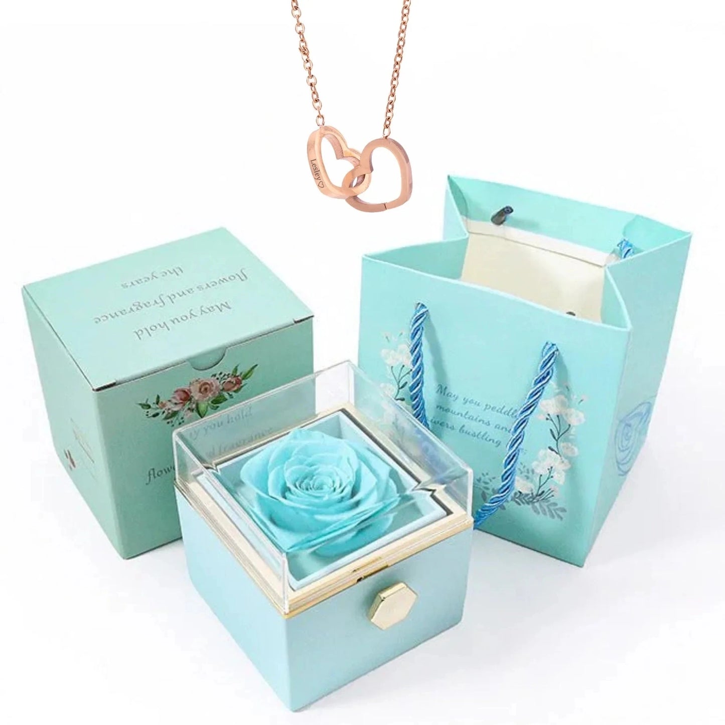 Boîte de roses éternelles avec collier cœur en or 18K et argent personnalisé